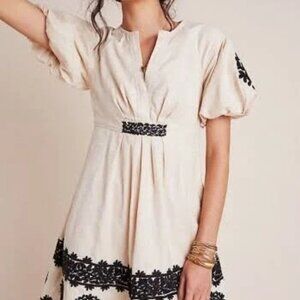 Anthropologie Cream and Black Orla Embroidered Mini Dress